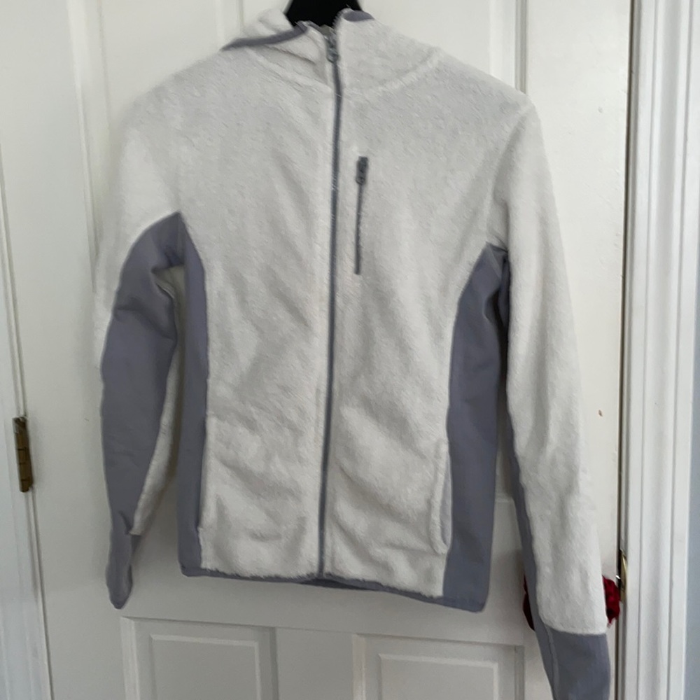 Fuzzy white and gray zip up hoodie